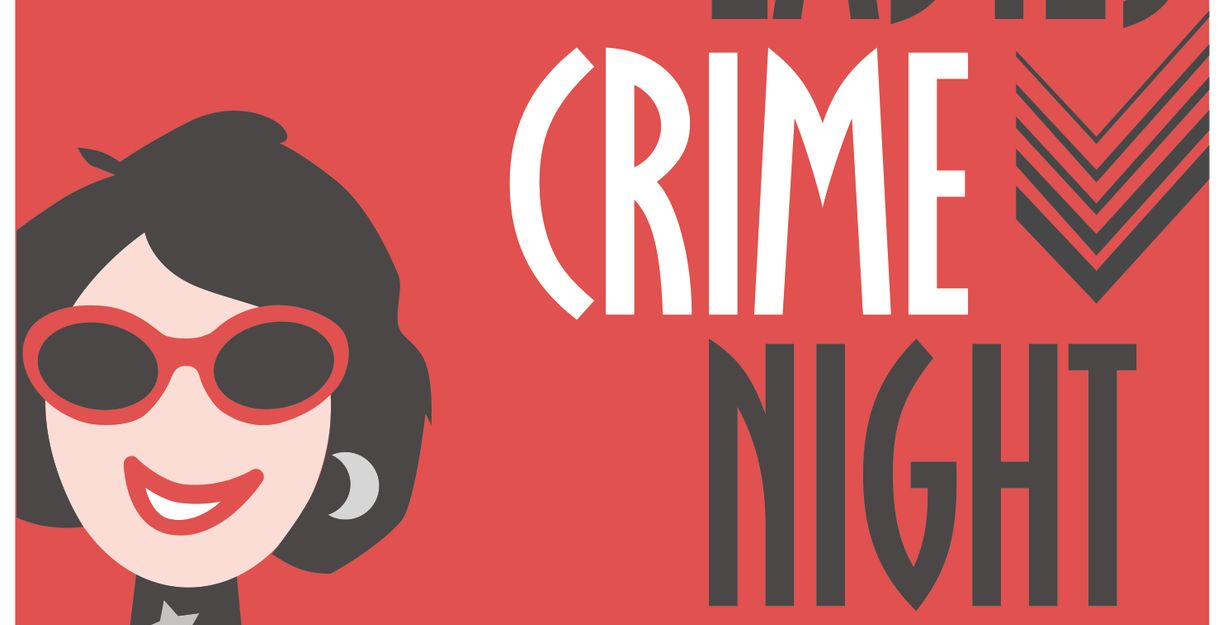 Illustrierte Lady mit Sonnenbrille zeigt mit weißem Finger auf den Schriftzug "Lady Crime Night"