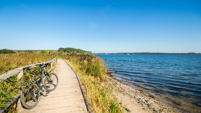 Ein Holzsteg mit einem Fahrrad führt entlang des Dassower Sees unter einem klaren blauen Himmel.