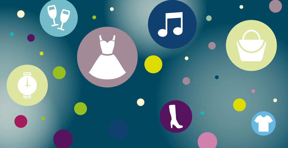 Grafik mit Symbolen für Kleider, Musik, Schuhe und Getränke auf buntem Hintergrund.