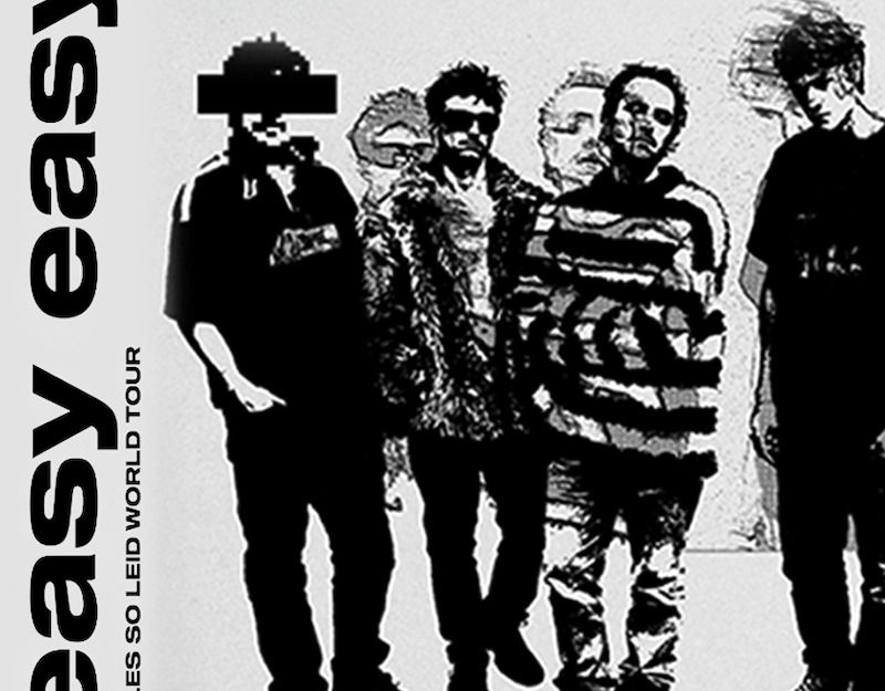 Schwarz-weißes Poster einer Band mit fünf stilisierten Personen und dem Text 'easy easy - ALLES SO LEID WORLD TOUR'.