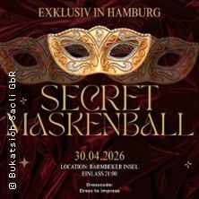Einladungsbild für den Secret Maskenball in Hamburg mit goldener Maske und Veranstaltungsdetails.