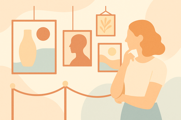 Abstrakte Illustration einer Kunstausstellung mit stilisierten Bildern an der Wand und einer betrachtenden Person in hellen Pastelltönen.