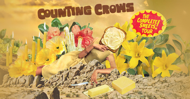 Surreales Poster mit Blumen, Butter und einer Person mit Toastbrot als Kopf.