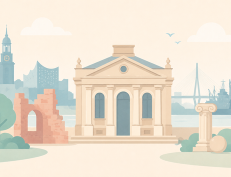 Illustration von historischen Gebäuden und Denkmälern in einer Stadtlandschaft.