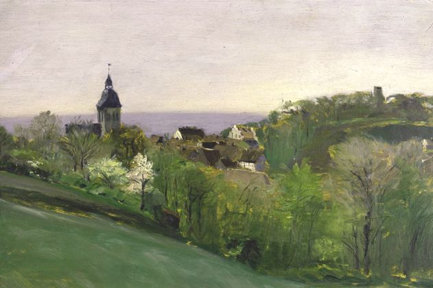 Landschaftsgemälde mit Kirchturm und grüner Vegetation.