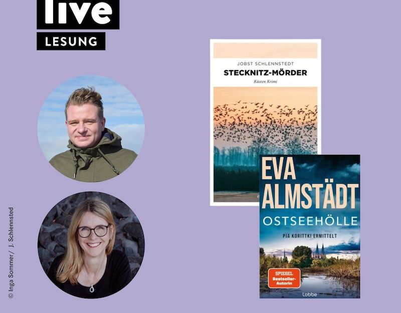 Zwei Buchcover und Porträts von zwei Autoren auf lila Hintergrund mit dem Text 'live Lesung'.