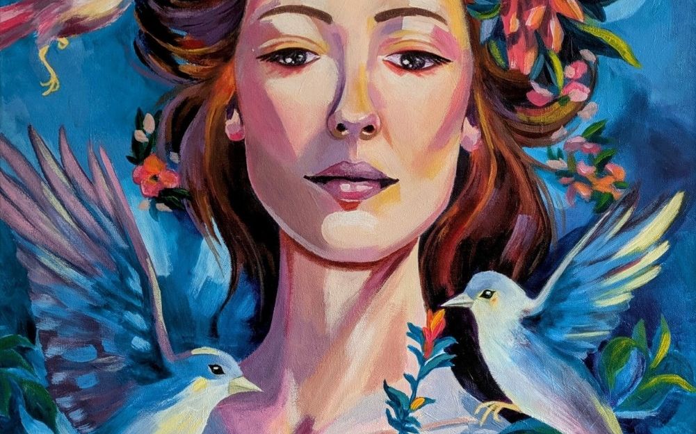 Frauenportrait mit Blumen und Vögeln
