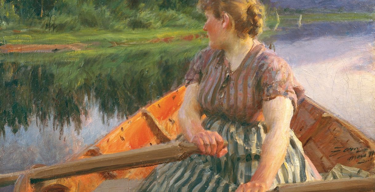 Ein Gemälde von Anders Zorn (1860–1920) mit dem Titel Mitternacht von 1891. gemalt Öl auf Leinwand mit dem Format 69 x 103 cm  aus dem Zornmuseet, Mora © Zornmuseet, Mora. Es zeigt eine Ruderin in einem gestreiften Oberteil und Rock, den Kopf nach hinten gedreht an einem Fluss