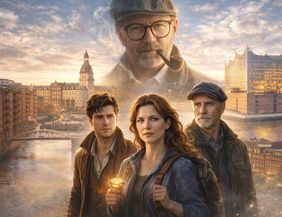 Drei Personen stehen im Vordergrund an einem Fluss in einer historischen Stadt, darüber schwebt das Porträt eines älteren Mannes mit Pfeife. Die Stimmung ist geheimnisvoll und abenteuerlich, wie ein Fantasy- oder Mysteryfilm.