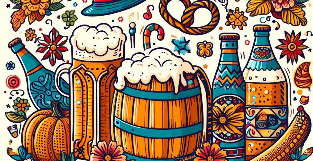 Illustration mit bayerischen Symbolen wie Bierkrügen, Brezel und Blumen.