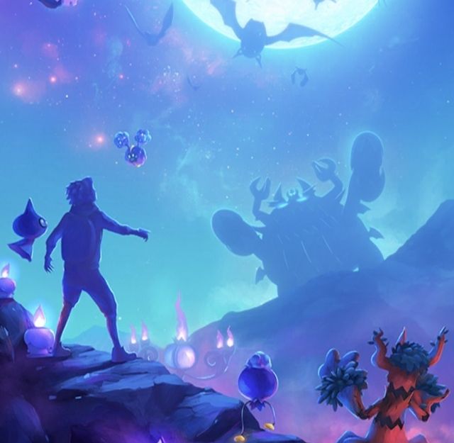 Illustration eines Pokémon-Trainers, umgeben von Geister-Pokémon unter einem großen Vollmond.