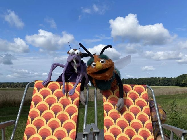 Zwei bunte Puppen, eine lila und eine orange, sitzen auf Liegestühlen in einer Wiese unter blauem Himmel.