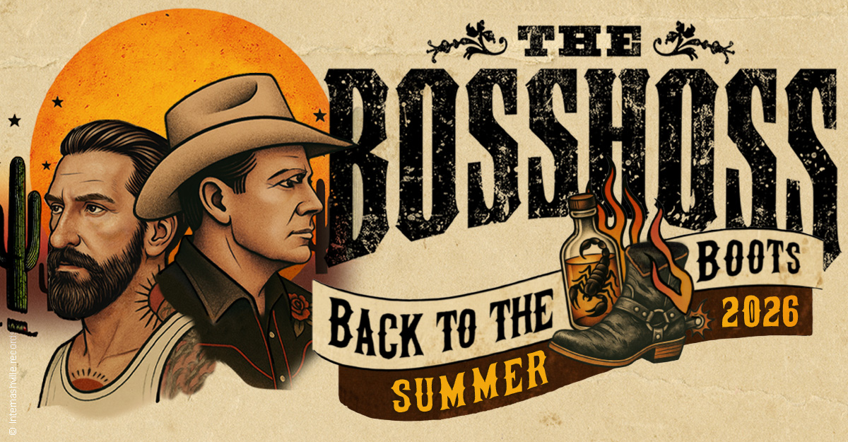 Illustration von zwei Männern im Westernstil mit Cowboyhut und Bart, umgeben von Kakteen und einem Sonnenuntergang. Text: The BossHoss - Back to the Boots - Summer 2026.