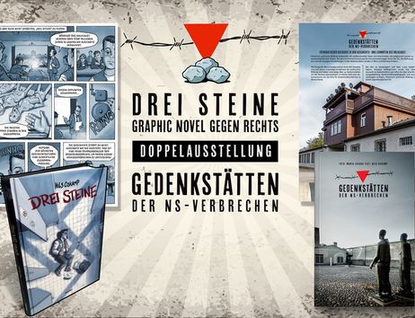 Poster für die Doppelausstellung 'Drei Steine' und 'Gedenkstätten der NS-Verbrechen' mit Comic-Panel und Fotos von Gedenkstätten.