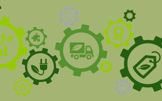Zähnräder mit Symbolen, die für Nachhaltigkeit stehen wie E-Autos, Ökostrom, etc.