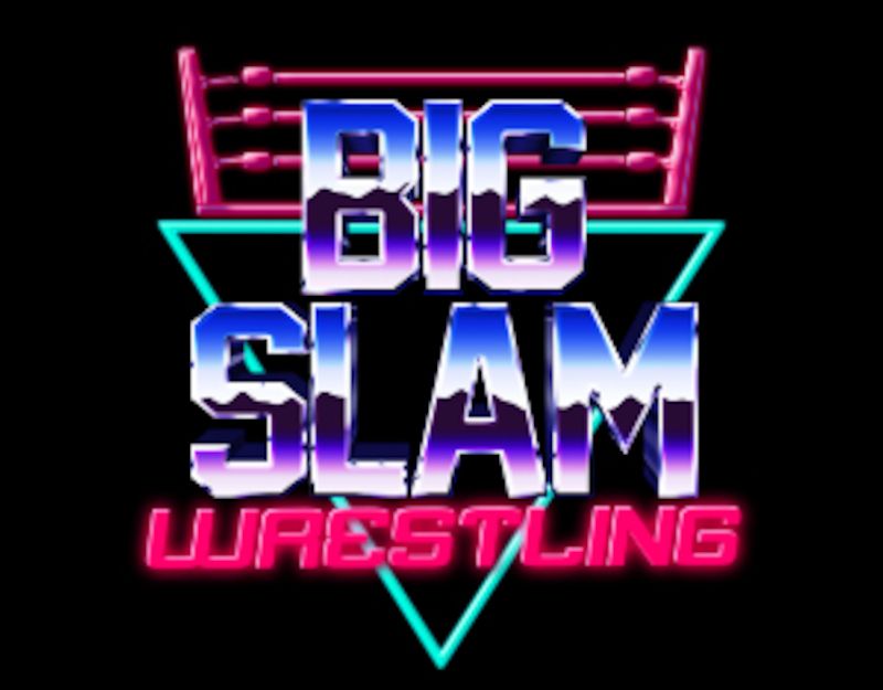 Logo von Big Slam Wrestling mit neonfarbenem Design und einem Ring im Hintergrund.
