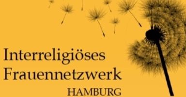 Logo des Interreligiösen Frauennetzwerks Hamburg mit Pusteblume auf gelbem Hintergrund.