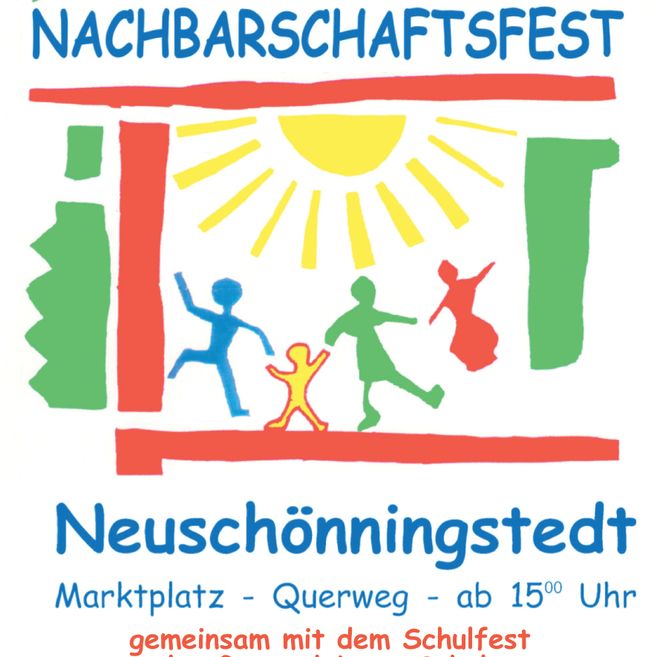 Plakat für ein Nachbarschaftsfest in Neuschönningstedt mit bunten Figuren und einer Sonne.