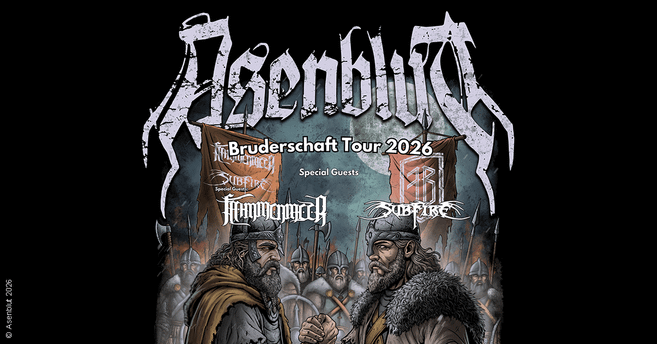 Poster der Asenblut Bruderschaft Tour 2026 mit Kriegern und Bannern im Hintergrund.