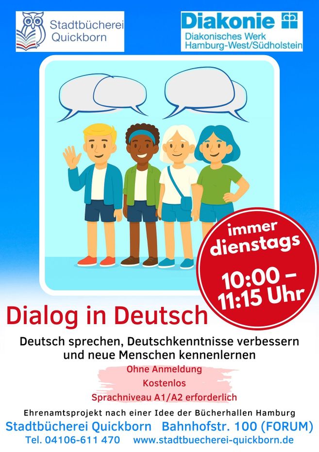 Plakat Dialog in Deutsch: Vier Personen, die sich unterhalten