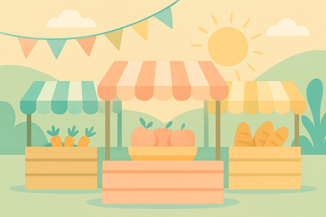 Illustration eines Bauernmarkts mit Ständen voller Gemüse und Brot unter einem sonnigen Himmel.