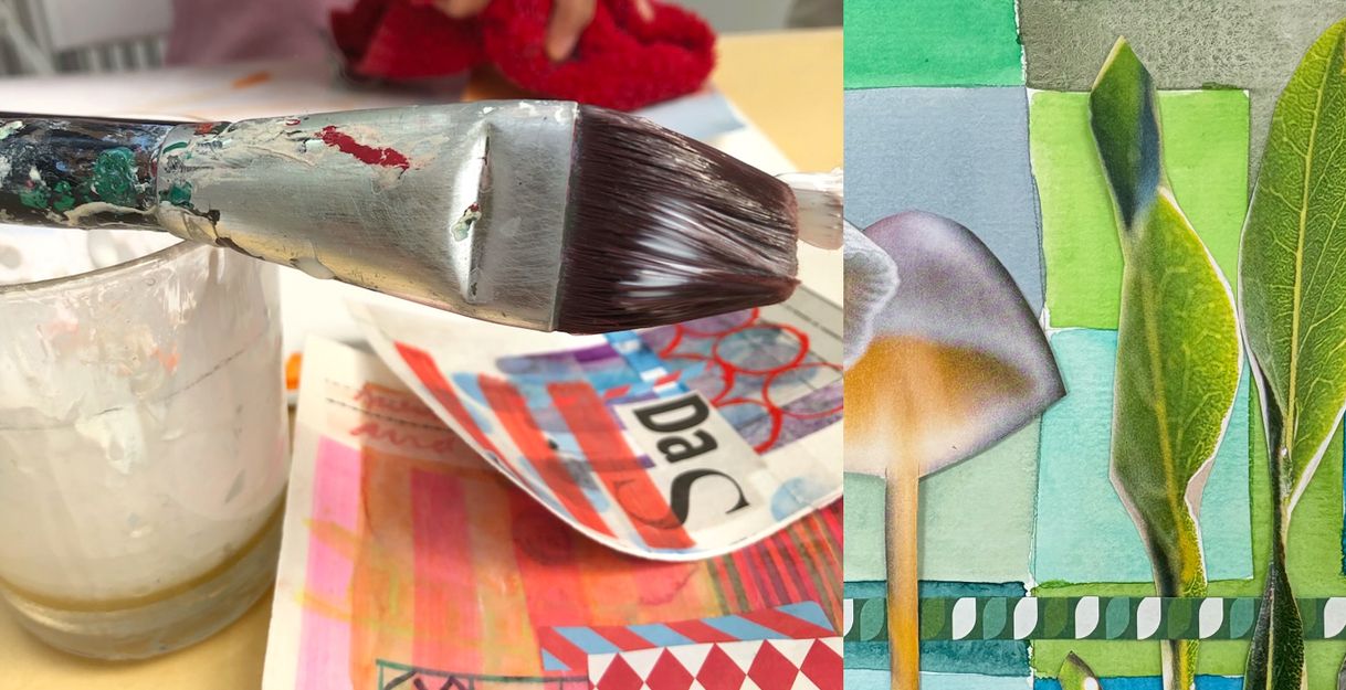 Im Vordergrund liegt Pinsel auf einem Glas, in dem sich Kleber befindet, darunter kleine Collagen, die schon geklebt sind.