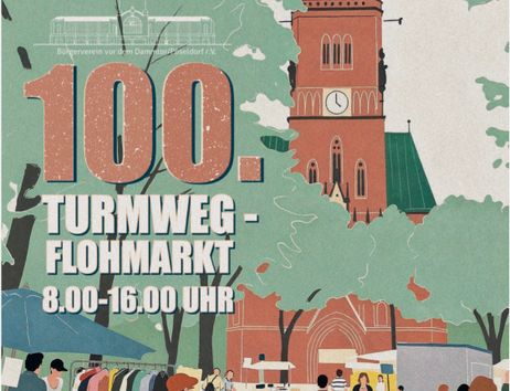 Plakat für den 100. Turmweg-Flohmarkt am 19.04.2026 auf dem Turmweg Hamburg Harvestehude