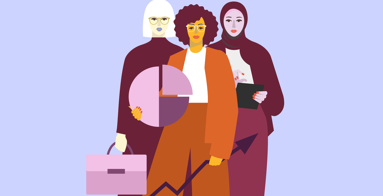 Grafik mit drei Frauen und einem symbolischen Kuchendiagram