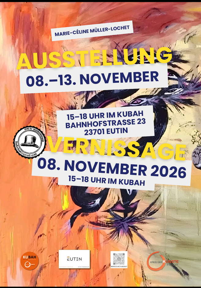 Plakat zur Ausstellung von Marie-Céline Müller-Lochet mit abstraktem, farbigem Hintergrund, Terminangaben und Veranstaltungsort in Eutin.