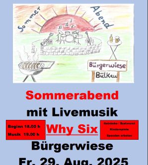 Plakat mit einer bunte Zeichnung auf der links ein Grill, in der Mitte hinten eine Bühne mit Musikinstrumenten und rechts ein Stehtisch gezeichnet sind. Dazu der Text zum Sommerabend
