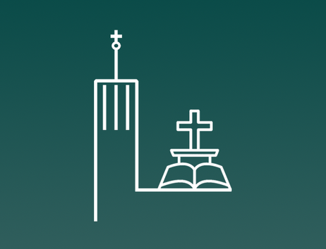 Minimalistische weiße Liniengrafik einer Kirche mit Turm und Kreuz auf dunkelgrünem Hintergrund, passend zum Titel „Heaven Eleven – Gottesdienst für Ausgeschlafene“.