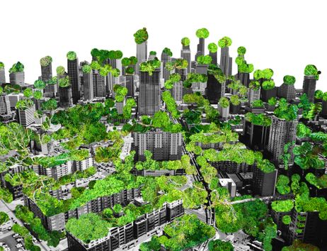 Eine futuristische Stadt mit vielen grünen Pflanzen und Bäumen auf den Gebäuden.