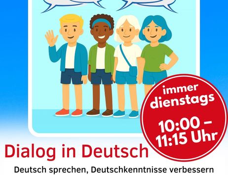 Plakat Dialog in Deutsch: Vier Personen, die sich unterhalten