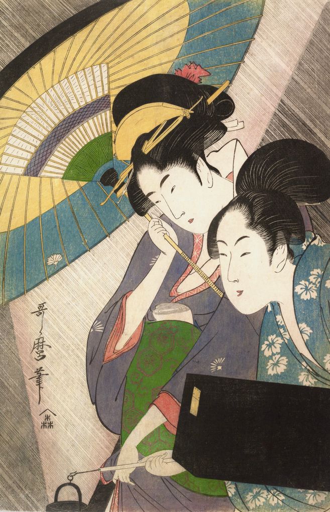 Ukiyo-e Werk mit einer Geisha mit Regenschirm und ihre Dienerin die ihren Instrumentenkoffer trägt