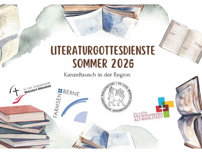 Plakat für Literaturgottesdienste im Sommer 2026 mit Büchern und Logos von Kirchengemeinden.