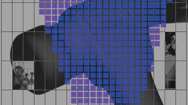 Key visual for the exhibition “Hammerschlag” by Simon Schultz. The graphic depicts a hammer covered in blue patches of color.