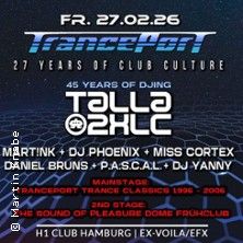 Werbeplakat für das Event '27 Years of Tranceport' mit Talla 2XLC und anderen DJs im H1 Club Hamburg.