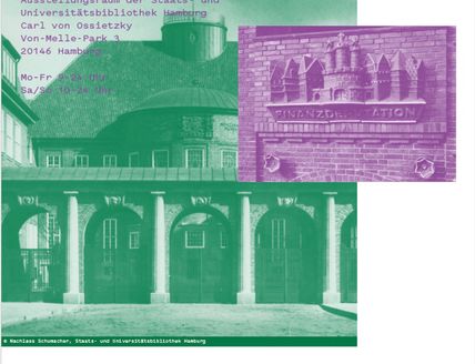 Ausstellungsplakat, auf weißem Hintergrund ist ein großes Foto einer Fassade mit Säulen, das in grün eingefärbt ist. Darüber gelegt ist ein lila Text mit Informationen der Ausstellung sowie ein Fassadenornament an der Finanzdeputation.