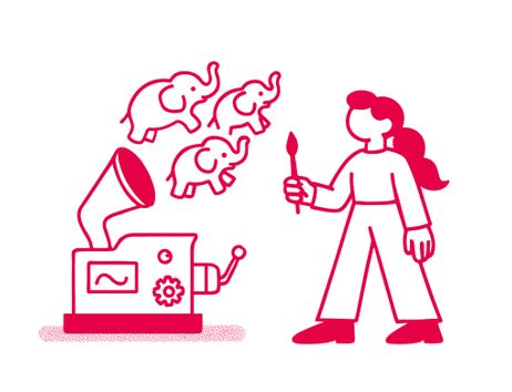 Illustration einer Person mit Pinsel und einer Maschine, die Elefanten auswirft.