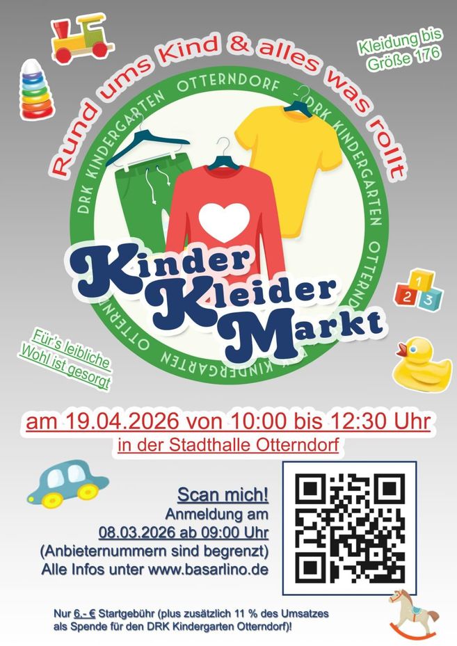 Plakat für einen Kinderkleidermarkt in Otterndorf mit Informationen zum Event und bunten Illustrationen von Kinderspielzeug.