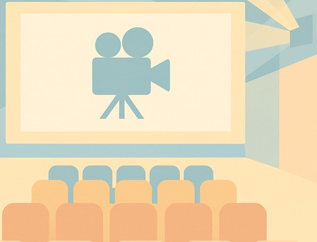 Abstrakte Illustration eines Kinosaals mit Leinwand, Filmkamera-Symbol und Sitzreihen in hellen Pastelltönen.