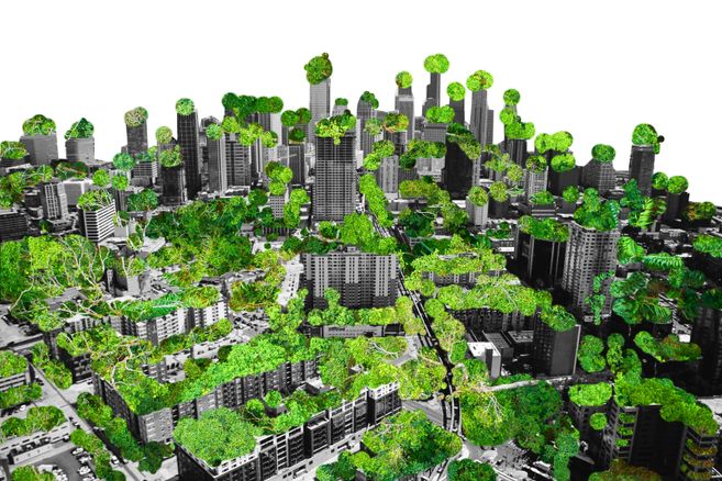 Eine futuristische Stadt mit vielen grünen Pflanzen und Bäumen auf den Gebäuden.