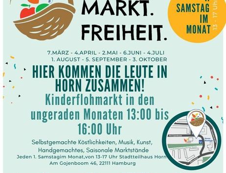 Plakat für den Horner Nachbarschaftsmarkt in Hamburg mit Informationen zu Terminen und Angeboten.