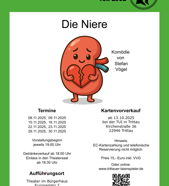 Das Plakat mit den Aufführungsterminen vom Theaterstück "Die Niere" von Stefan Vögel