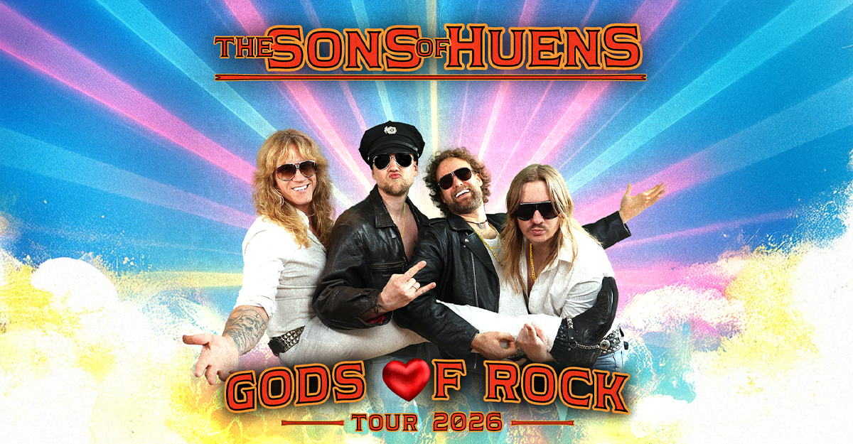 Bandfoto von The Sons Of Huens mit dem Schriftzug 'Gods Of Rock Tour 2026'.