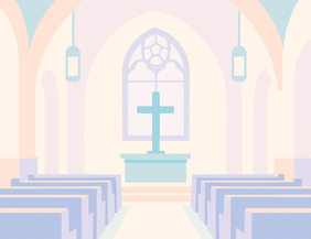Illustration einer Kirche mit Bänken, Altar und Kreuz.