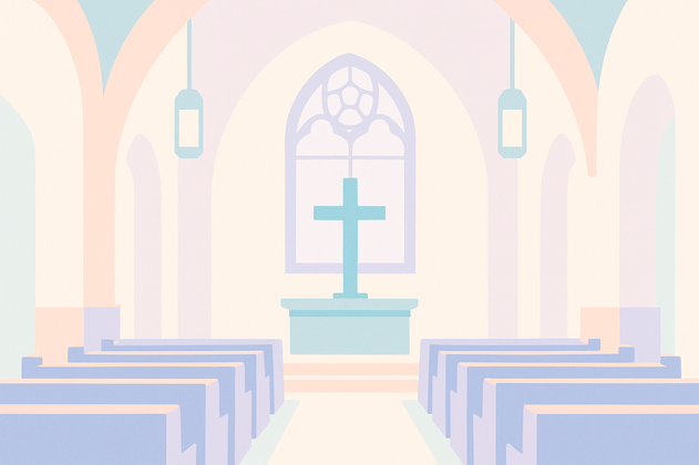 Illustration einer Kirche mit Bänken, einem Altar und einem Kreuz.