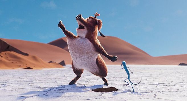 Ein animiertes Erdmännchen tanzt vor Wüstenlandschaft