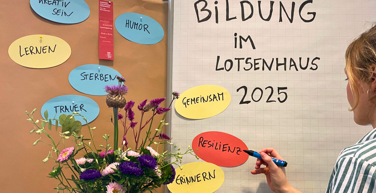 Eine Mitarbeiterin des Hamburg Leuchtfeuer Lotsenhaus sammelt auf einem Flipchart Stichpunkte rund um das Thema der Bildungsveranstaltungen im Jahr 2025.