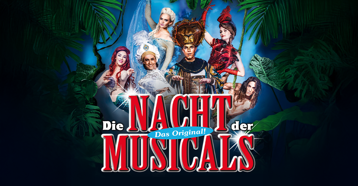Plakat für 'Die Nacht der Musicals' mit Darstellern in Kostümen vor einem Dschungelhintergrund.